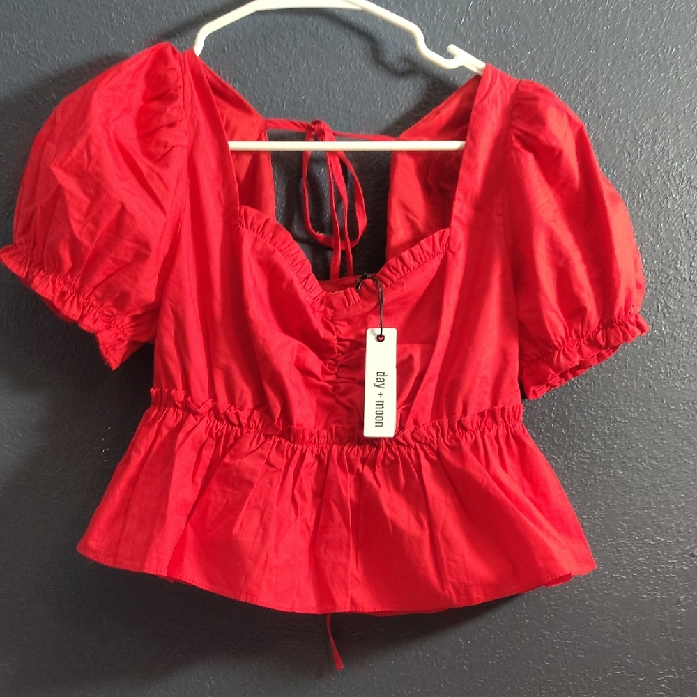 day + moon Ivy Square Neck Cropped Chic Feminine Red Puff Sleeve Peplum Top